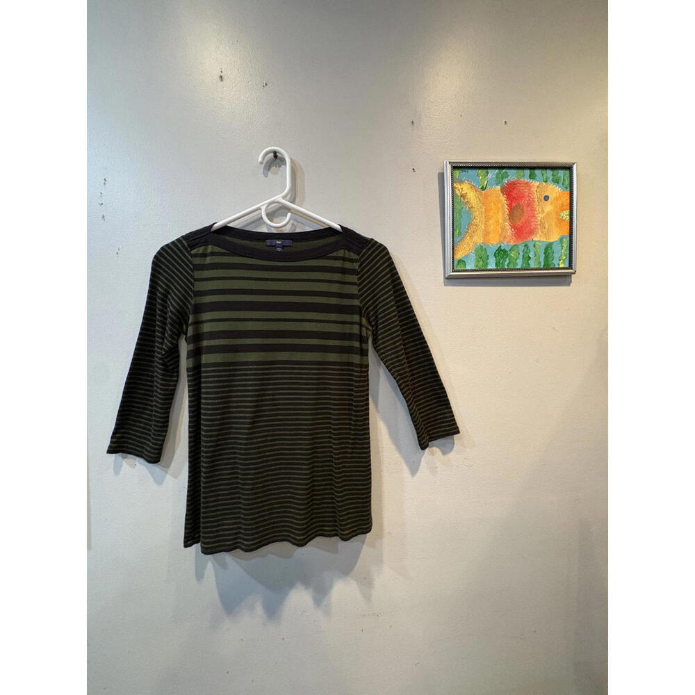 Ladies Olive Green and Black Striped Long Gap Sleeve Shirt